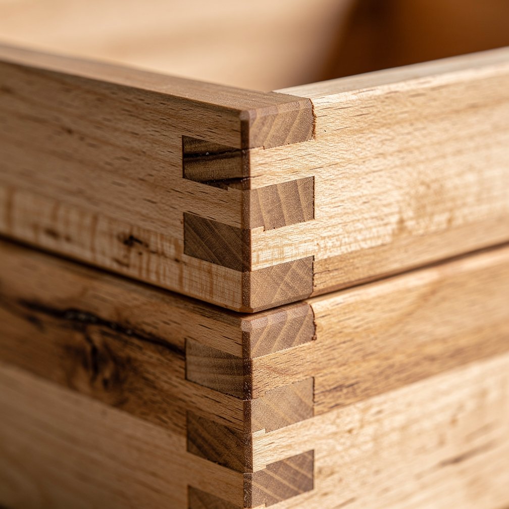Detailed shot of wood joints, dovetail joints on a wooden box.