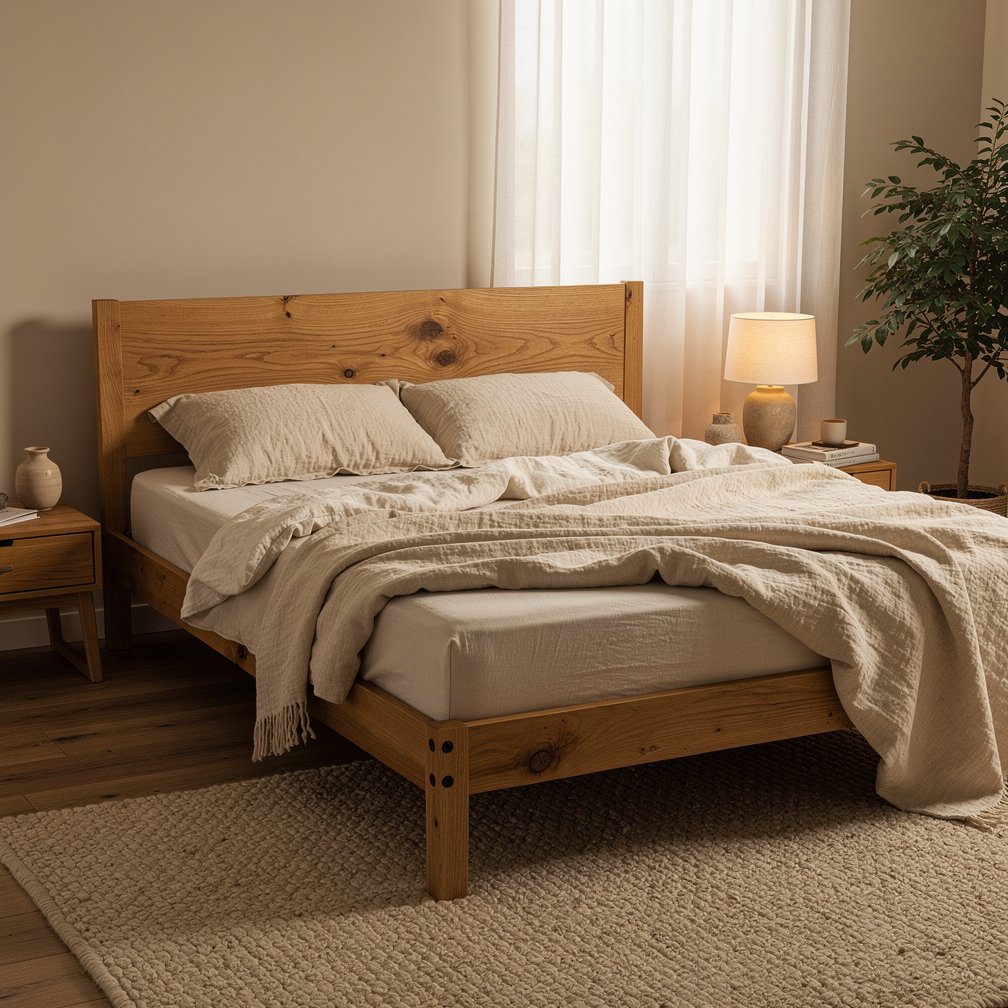 A beautiful solid wood bed frame in a cozy bedroom with linen sheets.
